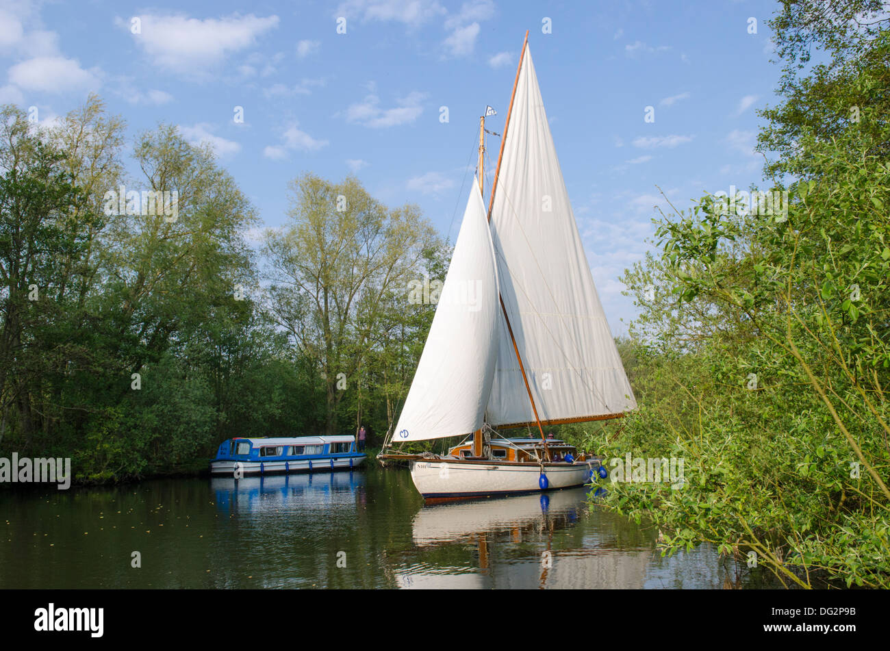 Yacht de voile sur la rivière Bure, Norfolk Broads, en Angleterre, au cours de la lancer péniche amarrée sous les arbres. Banque D'Images