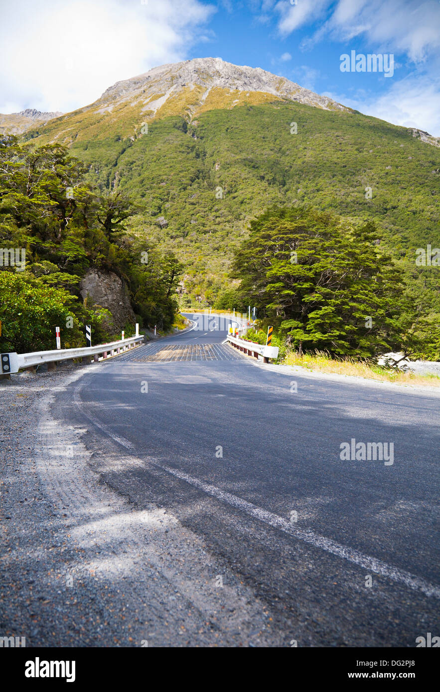 Une vue sur le pont du ruisseau McGrath, dans Arthur's Pass National Park, Alpes du Sud, Canterbury, île du Sud, Nouvelle-Zélande. Banque D'Images