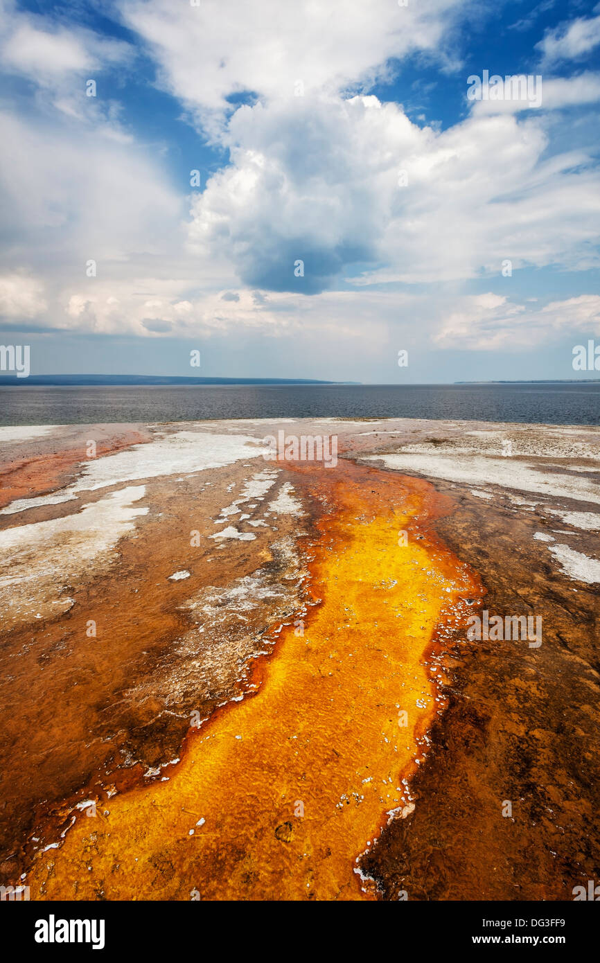 Le ruissellement de couleur extérieure noir mène au Lac Yellowstone, le Parc National de Yellowstone, Wyoming Banque D'Images