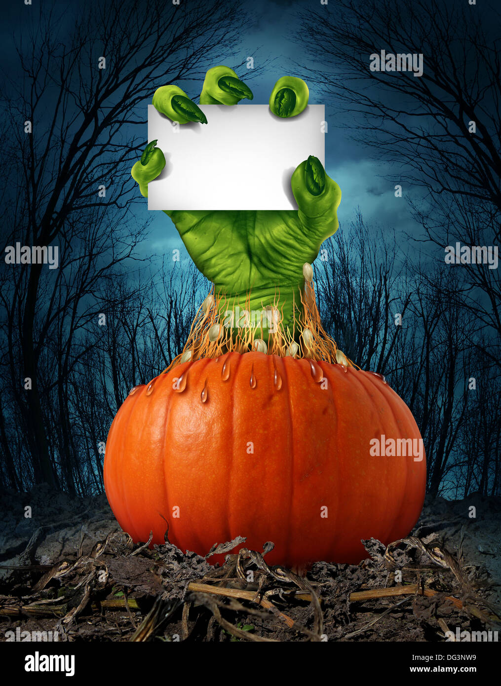Citrouille Zombie signe avec un green hand holding a blank sign card comme un symbole effrayant ou halloween creepy avec texture peau ridée monster doigts sortant d'une citrouille dans un ouvert humide spooky sombre forêt. Banque D'Images
