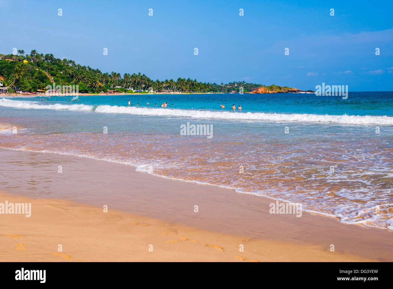 Sable doré et des eaux bleues de l'Océan Indien à Mirissa Beach, Côte Sud, Sri Lanka, Asie Banque D'Images