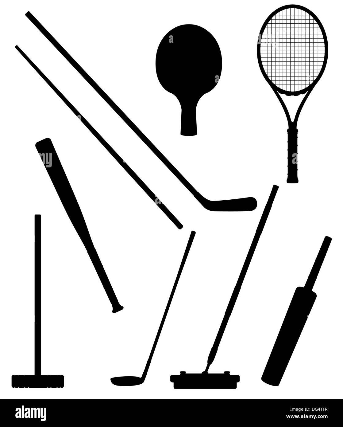 Bits et stick aux sports silhouette noire illustration isolé sur fond blanc Banque D'Images