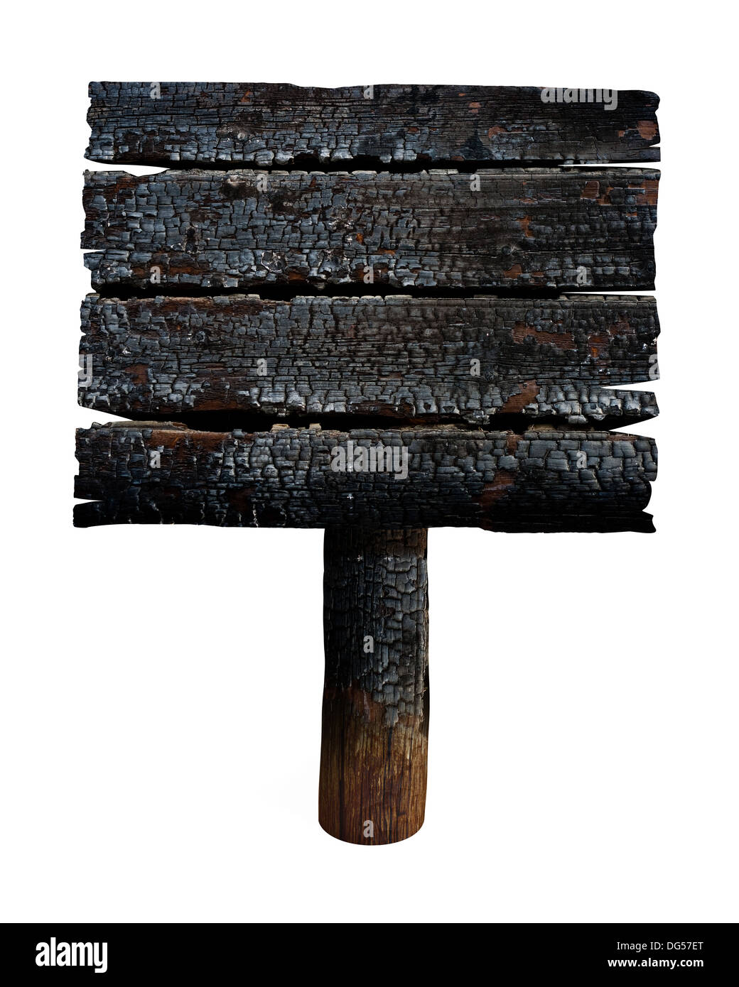 Pancarte en bois carbonisé. Vieille enseigne isolé sur blanc. Banque D'Images