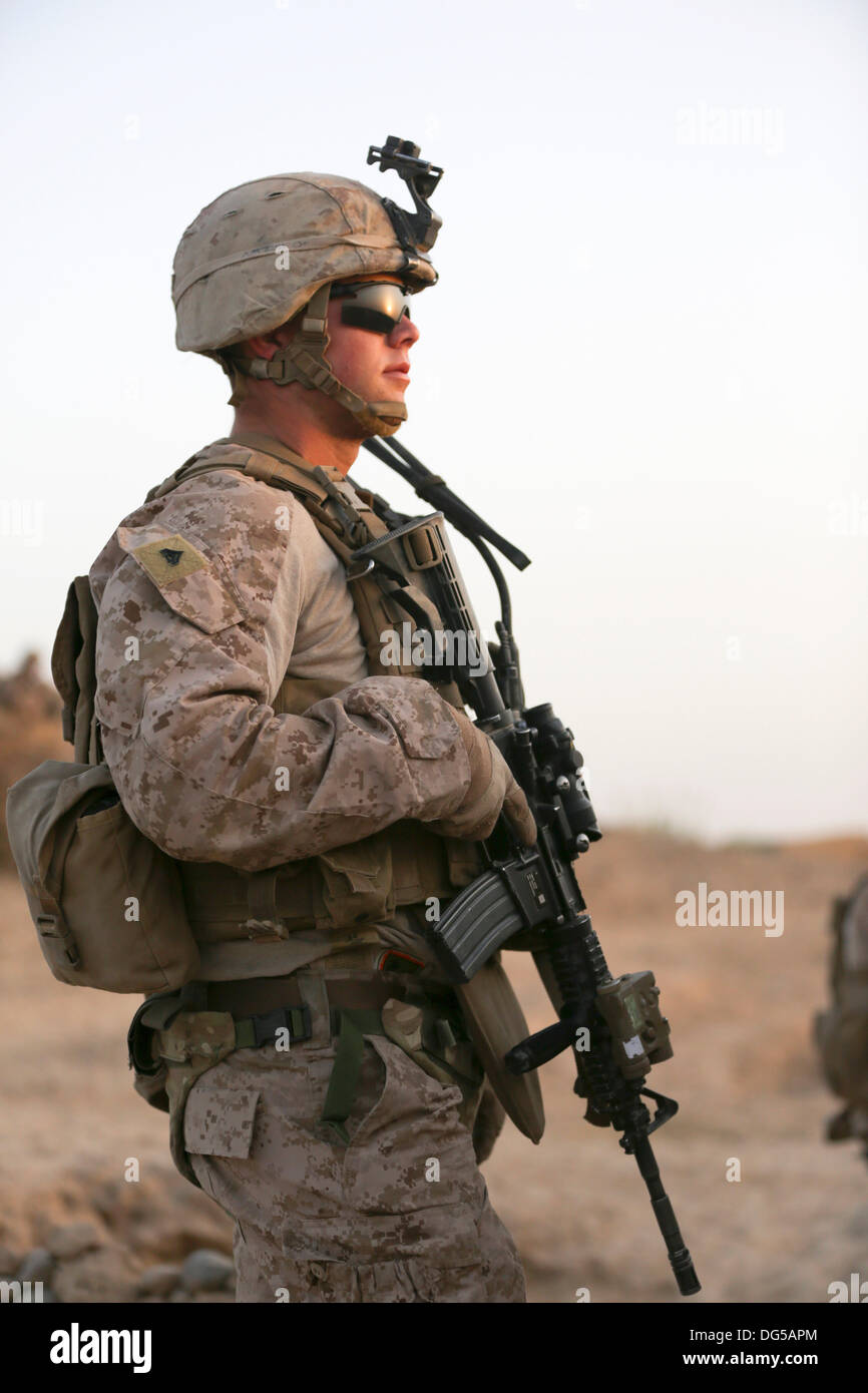 Les Marines américains avec la compagnie Alpha, 9e Régiment de Marines recherchez un village pendant une patrouille à pied le 12 octobre 2013 dans la province d'Helmand, en Afghanistan. Banque D'Images