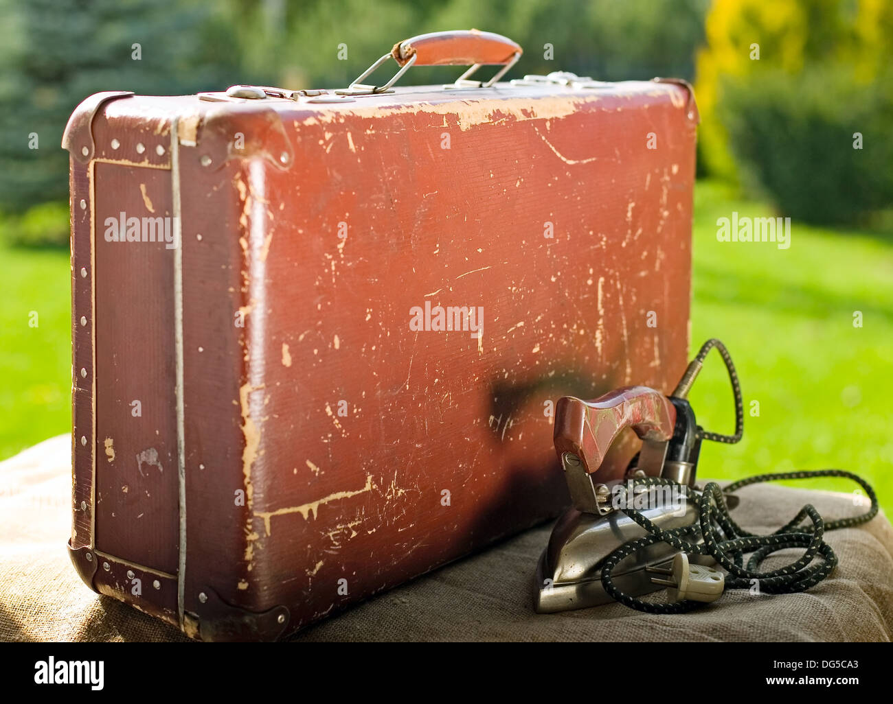 Vintage Old Brown Suitcase on green nature background Banque D'Images