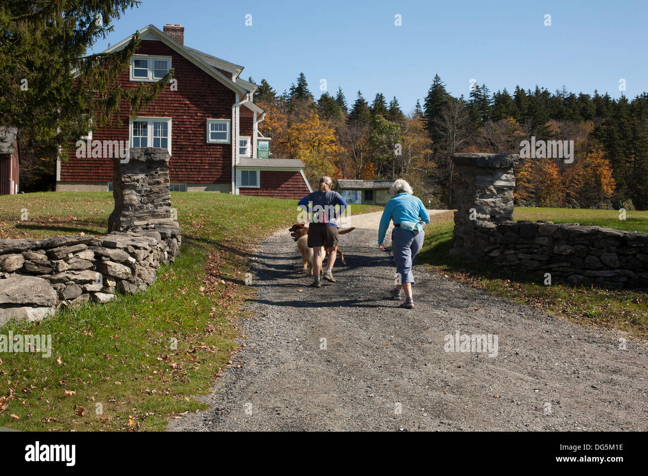 Deux femmes et leurs chiens commencent leur promenade au centre de visiteurs à Notchview Budd, Administration de la réservation à Windsor, MA. Banque D'Images