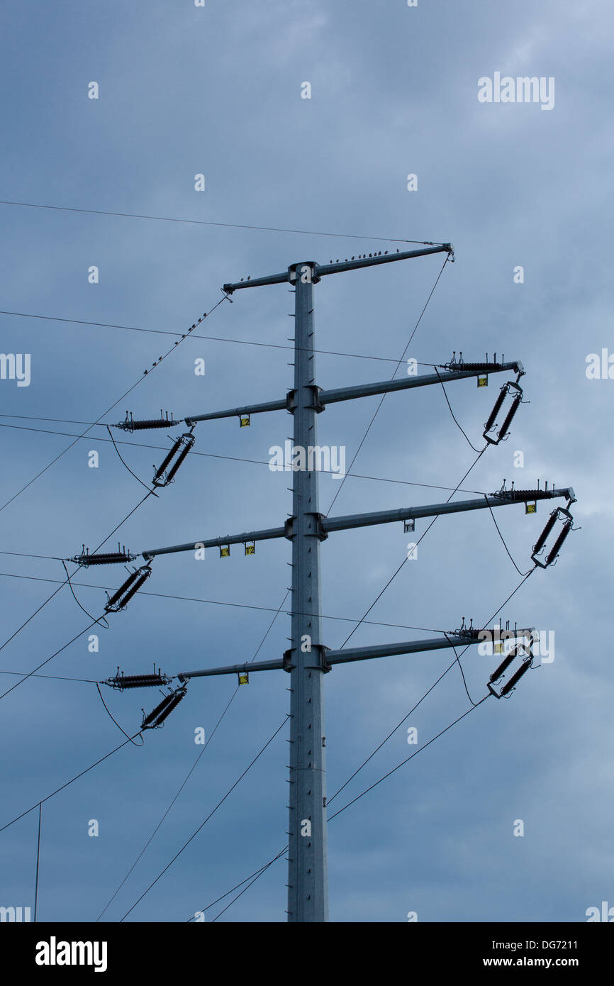 Vue détaillée d'un pylône électrique à haute tension avec un ciel bleu en arrière-plan Banque D'Images