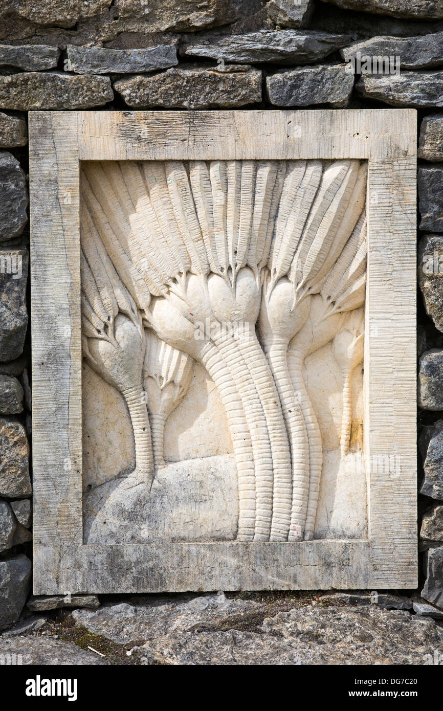 Combustibles fossiles crinoïdes sculptures de Nadia Bowley à Salthill Quarry réserve naturelle en Clitheroe, Lancashire, Royaume-Uni. Banque D'Images