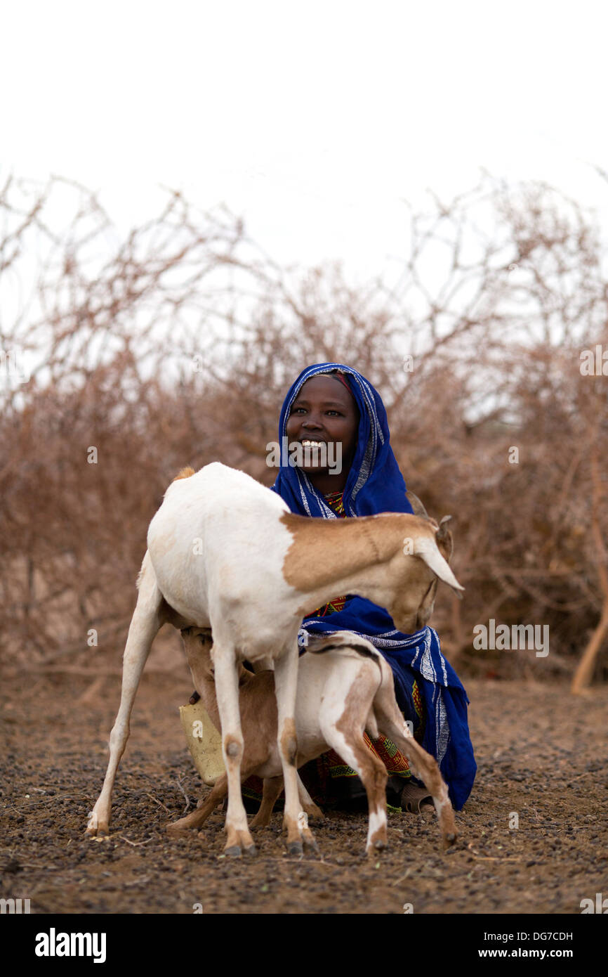 A smiling woman Gabbra traire une chèvre près de Kalacha, au Kenya, au bord de la désert de Chalbi Banque D'Images