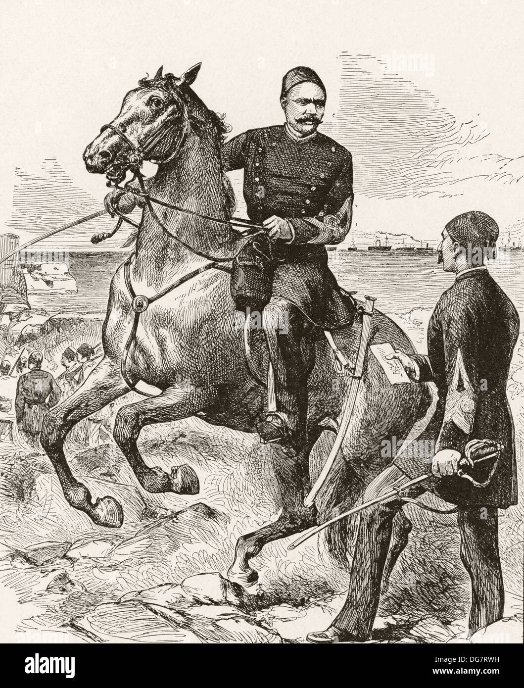 Le colonel Ahmed Orabi ou Ahmed Urabi, 1841 - 1911. Aka Arabi, Pasha, Orabi, Pasha et Ahmed-Pasha Orabi el-Masri. À cheval. Banque D'Images