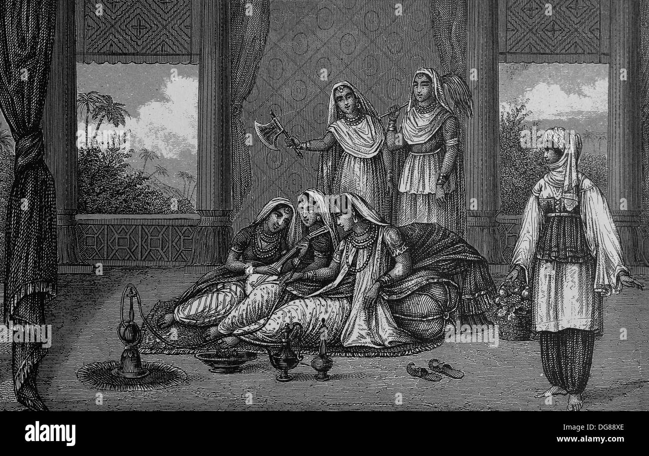 Harem indien et l'esclave d'un harem. La gravure. Enclyclopedia iconographique de la science, de la littérature et l'art du 19e siècle. Banque D'Images