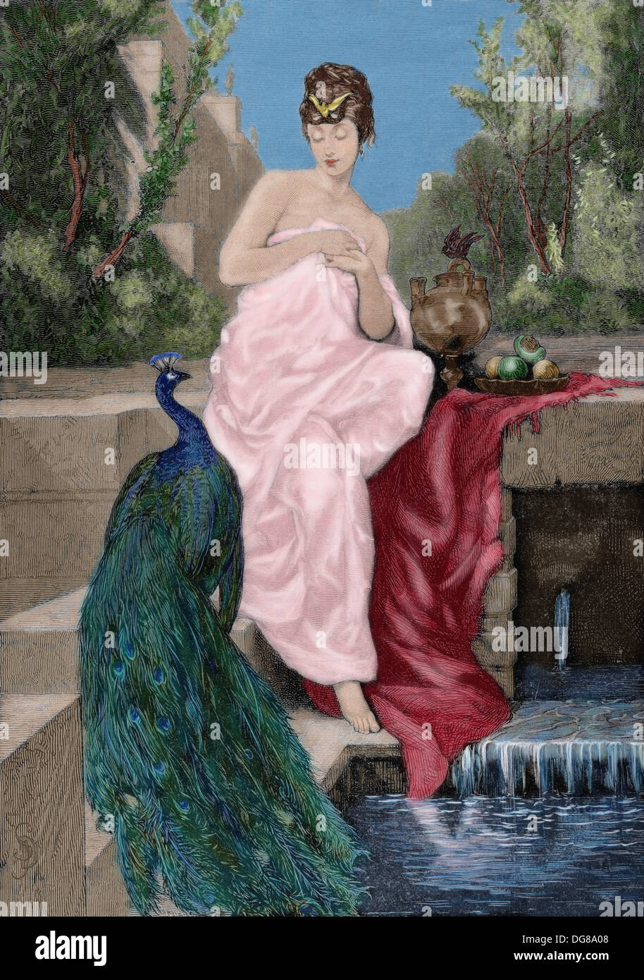 Hélène de Troie. L'épouse de Ménélas, a été enlevée par Paris, qui a déclenché la guerre de Troie. Gravure en couleur. Banque D'Images