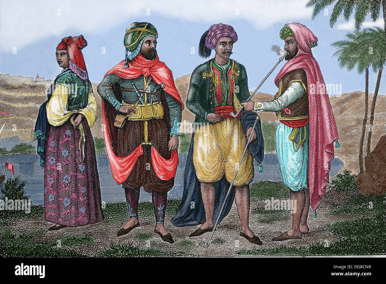 L'Afrique du Nord. Noble maure et marchand. Gravure en couleur. Banque D'Images