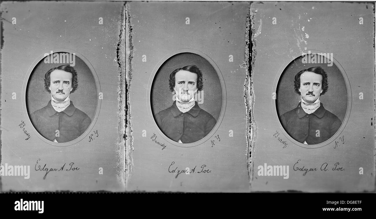 C'est une image d'Edgar Allan Poe, un écrivain et poète américain renommé connu pour ses contributions aux genres gothique et mystère. Ses œuvres comprennent des pièces célèbres comme « The Raven » et « The Tell-Tale Heart ». Banque D'Images