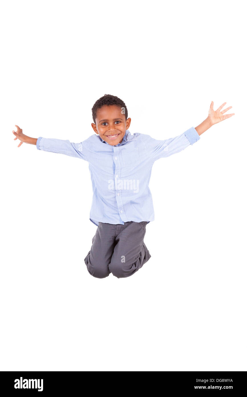 African American boy jumping, isolé sur fond blanc - les noirs Banque D'Images