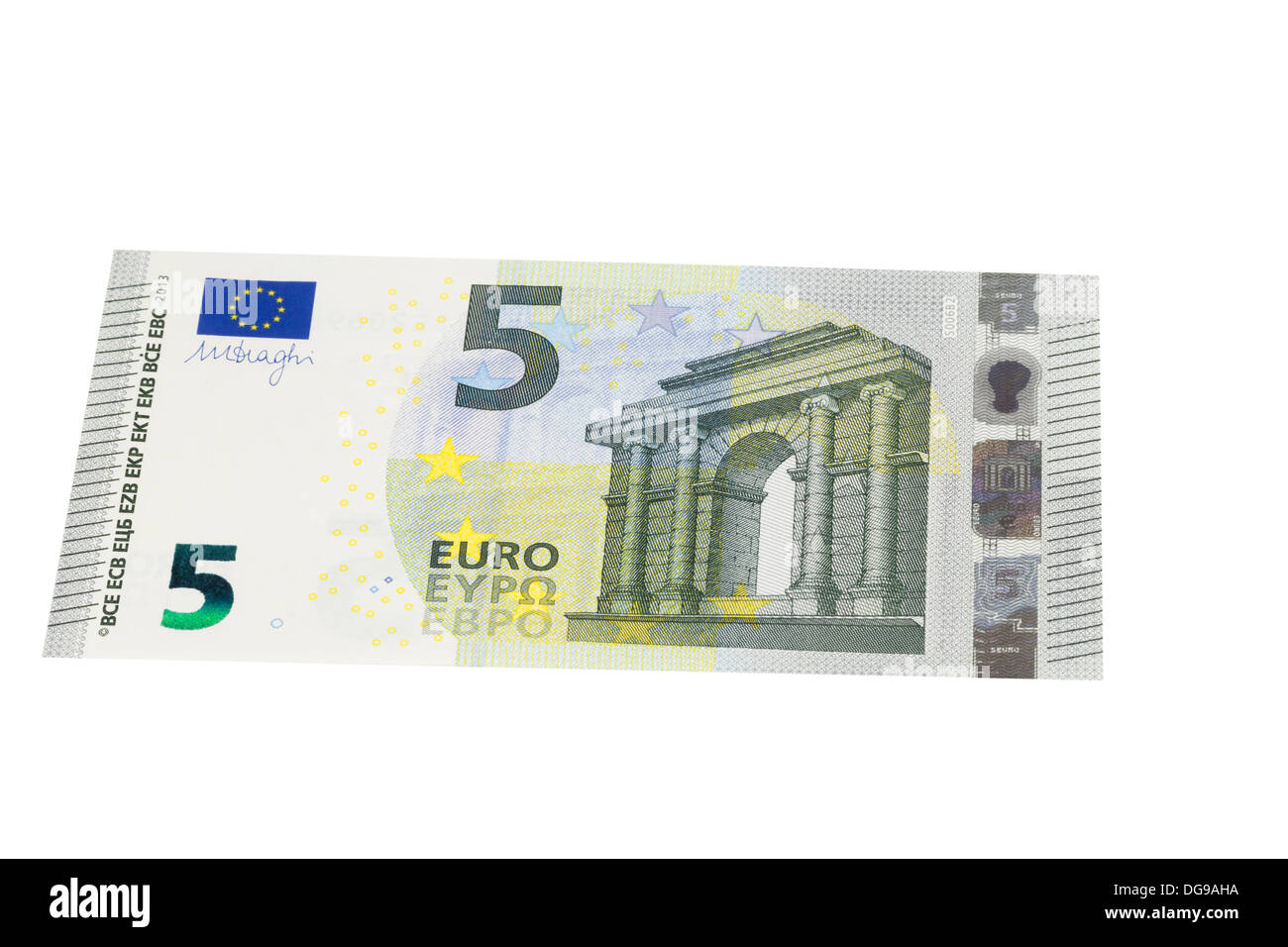 Cinq euros sur un fond blanc Banque D'Images
