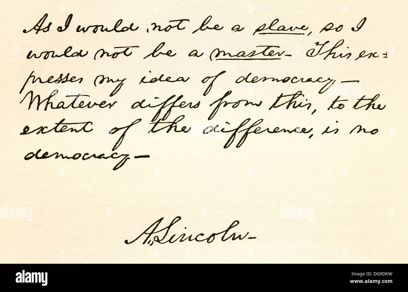 Écriture et signature d'Abraham Lincoln, 1809 - 1865. 16e président des États-Unis d'Amérique. Banque D'Images