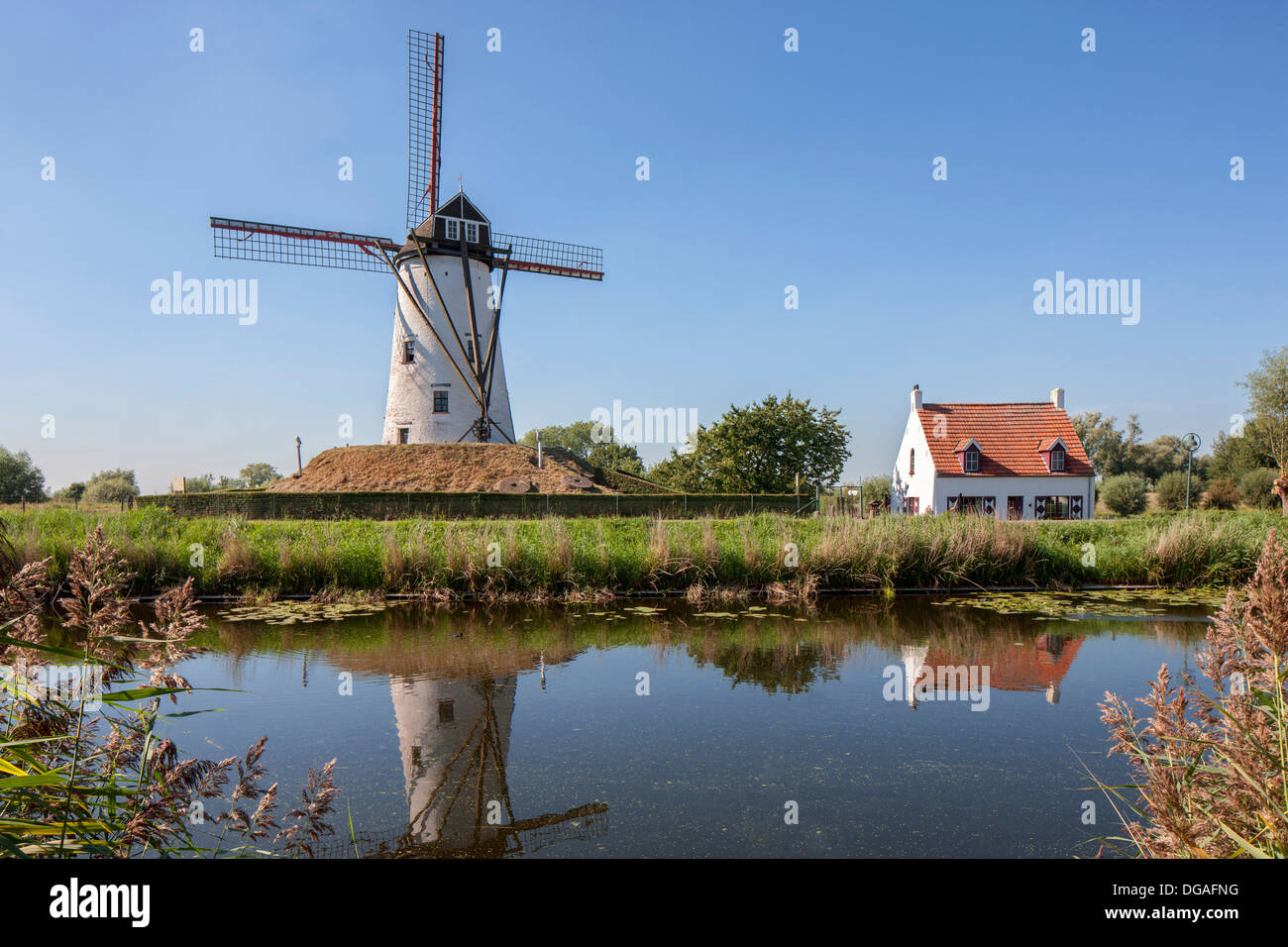 Le moulin à vent traditionnel Schellemolen, le long du Canal de Damme / Damse Vaart, Flandre occidentale, Belgique Banque D'Images