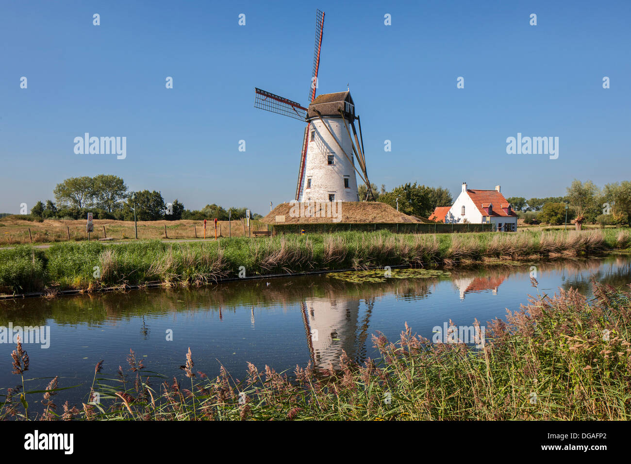 Le moulin à vent traditionnel Schellemolen, le long du Canal de Damme / Damse Vaart, Flandre occidentale, Belgique Banque D'Images