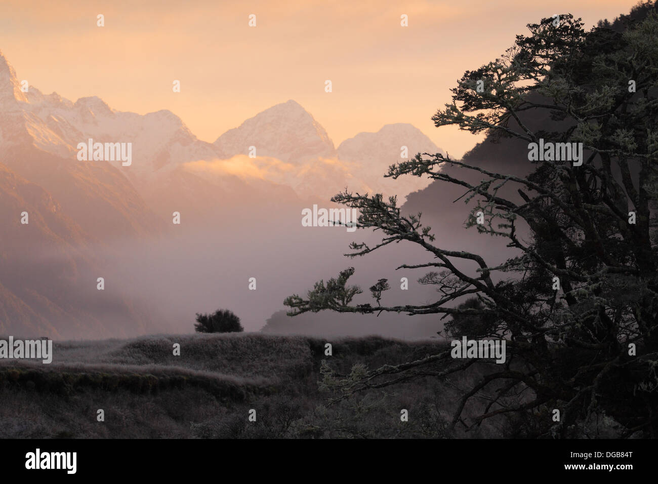 Lever du soleil d'hiver à Earl Montagnes, Fiordland, Nouvelle-Zélande. Banque D'Images