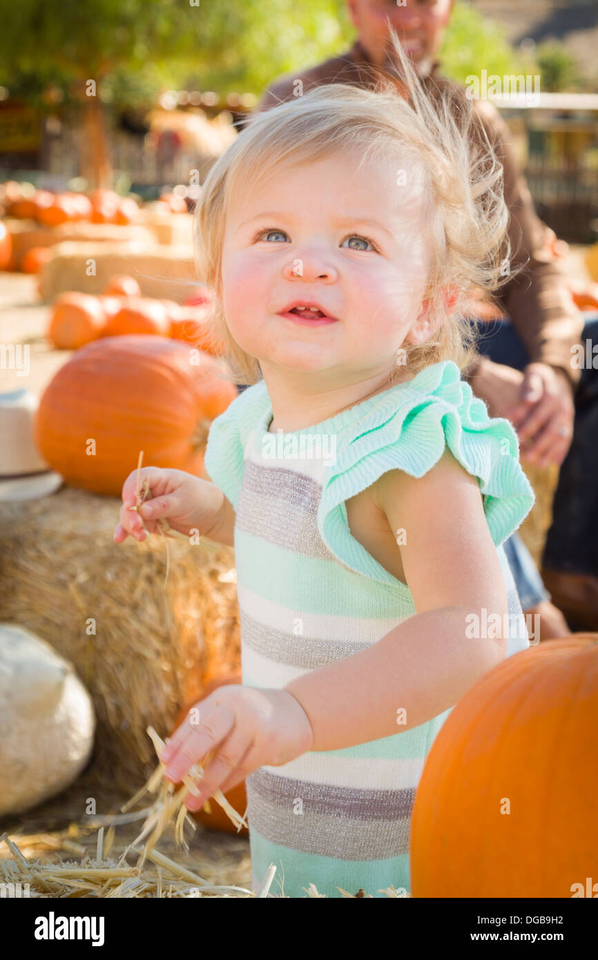 Adorable Baby Girl s'amusant dans un ranch rustique à la citrouille. Banque D'Images