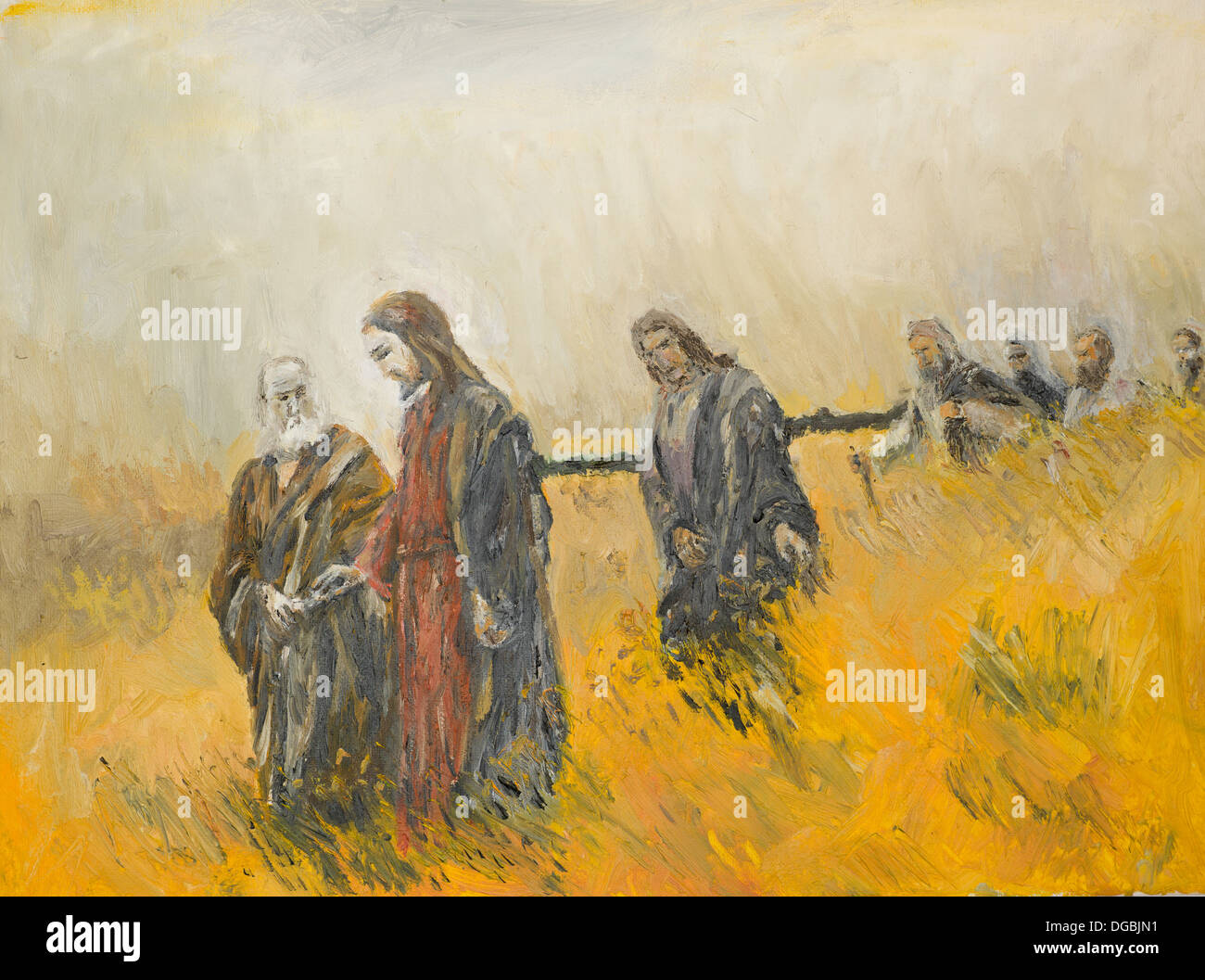 Peinture à l'huile illustrant une scène religieuse, jésus christ et ses disciples sur un pré Banque D'Images