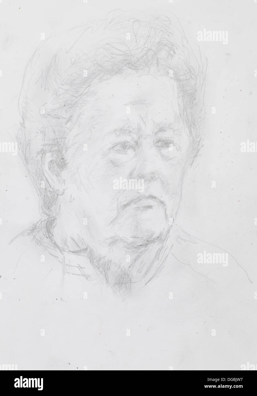 Portrait dessiné à la main de femme plus âgée au crayon sur papier blanc, technique Banque D'Images