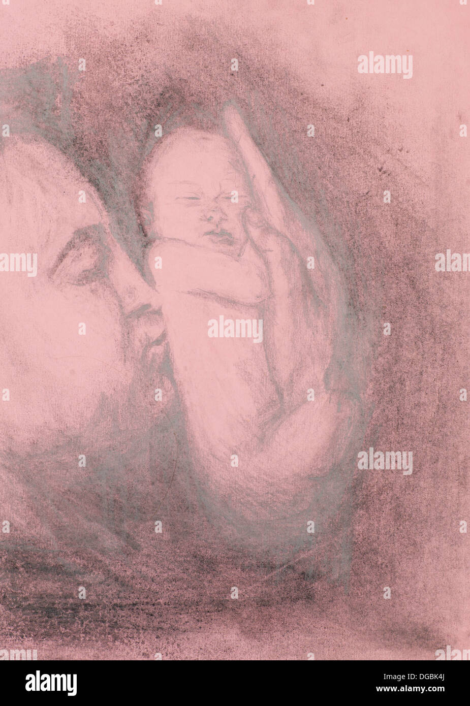 Illustration à la main du père tenant son bébé et l'embrassant sur son dos, technique de crayon Banque D'Images