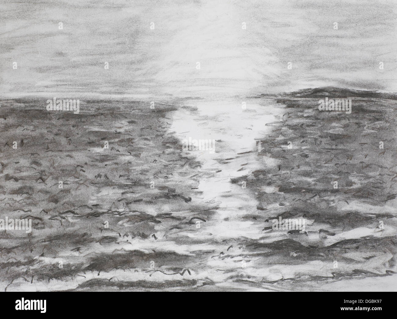 Illustration de la main lever du soleil sur la mer, la technique du charbon de bois Banque D'Images