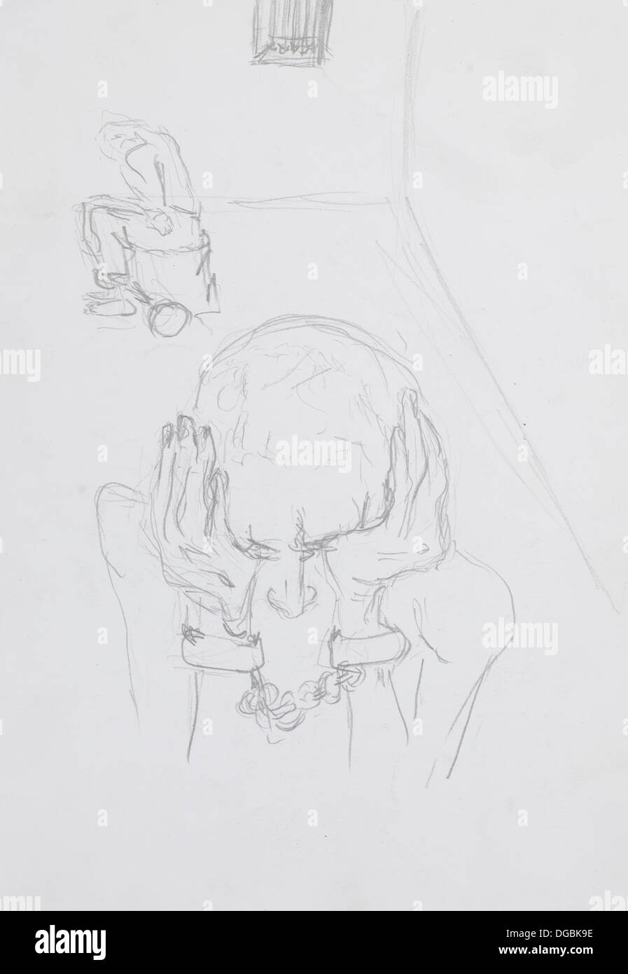 Croquis dessinés à la main de l'homme emprisonnés désespérée avec des menottes, technique de crayon Banque D'Images