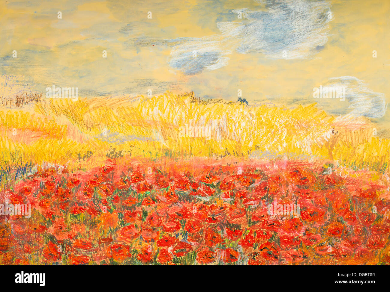 Pastel animé dessiné à la main illustration de beau terrain avec red poppies Banque D'Images