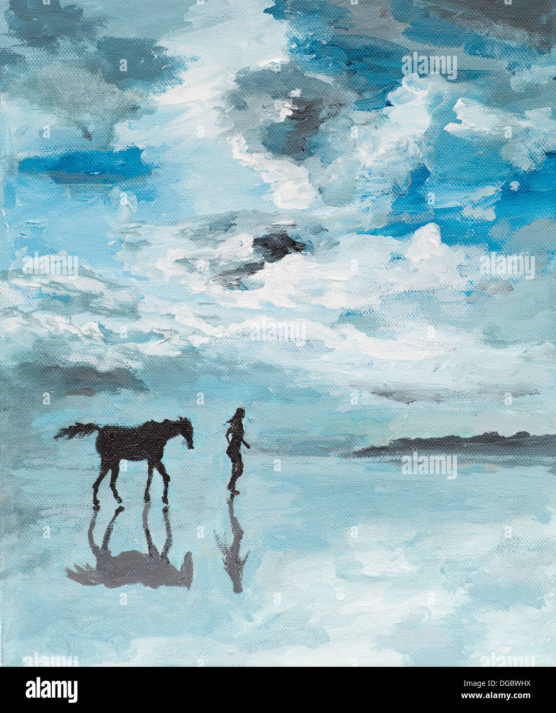 Peinture à l'huile illustrant un homme et un cheval s'exécutant sur une mer, scène sereine Banque D'Images