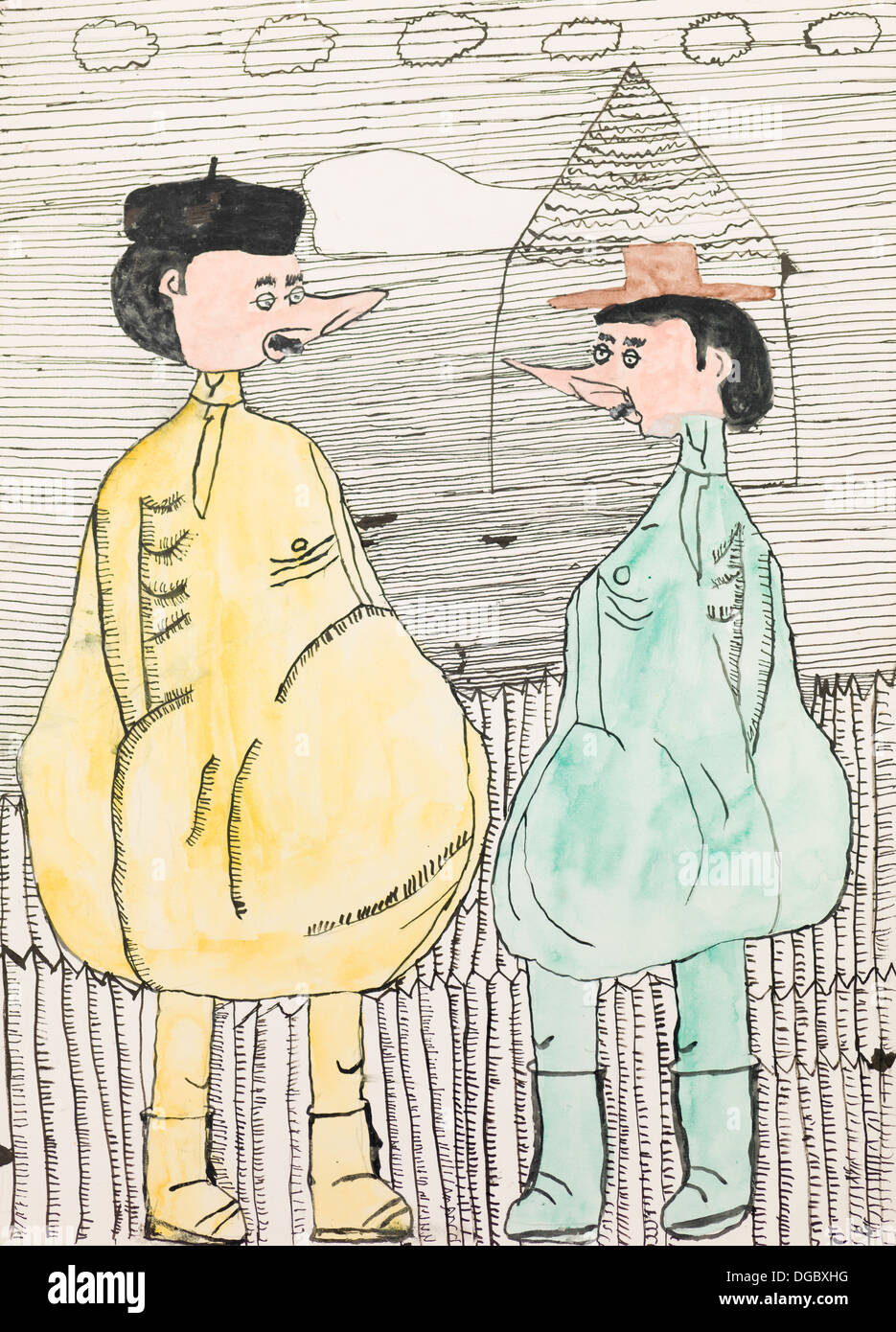 Illustration à la main de deux hommes debout et parler Banque D'Images