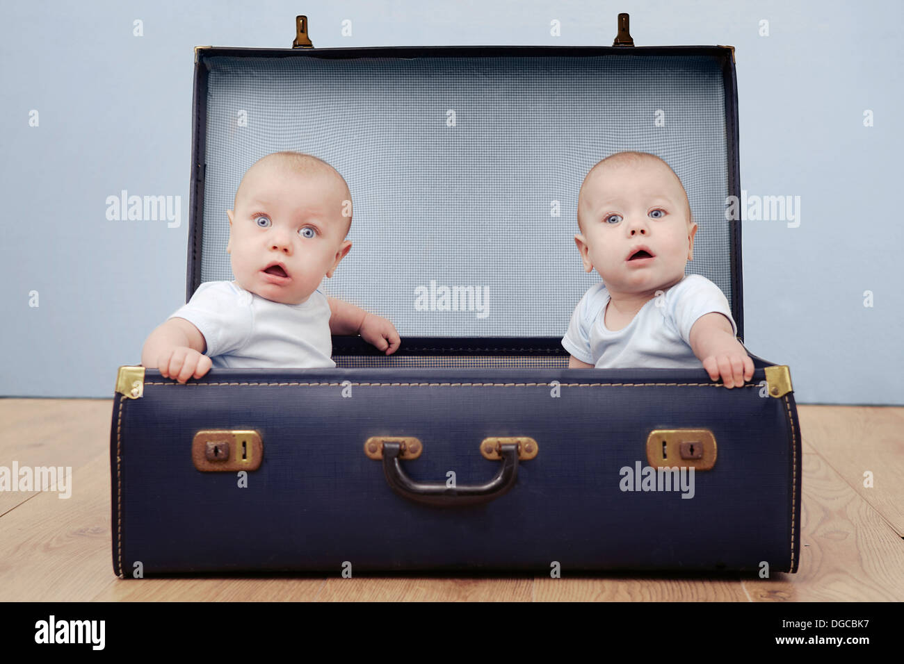 Deux garçons de bébé assis dans suitcase, portrait Banque D'Images