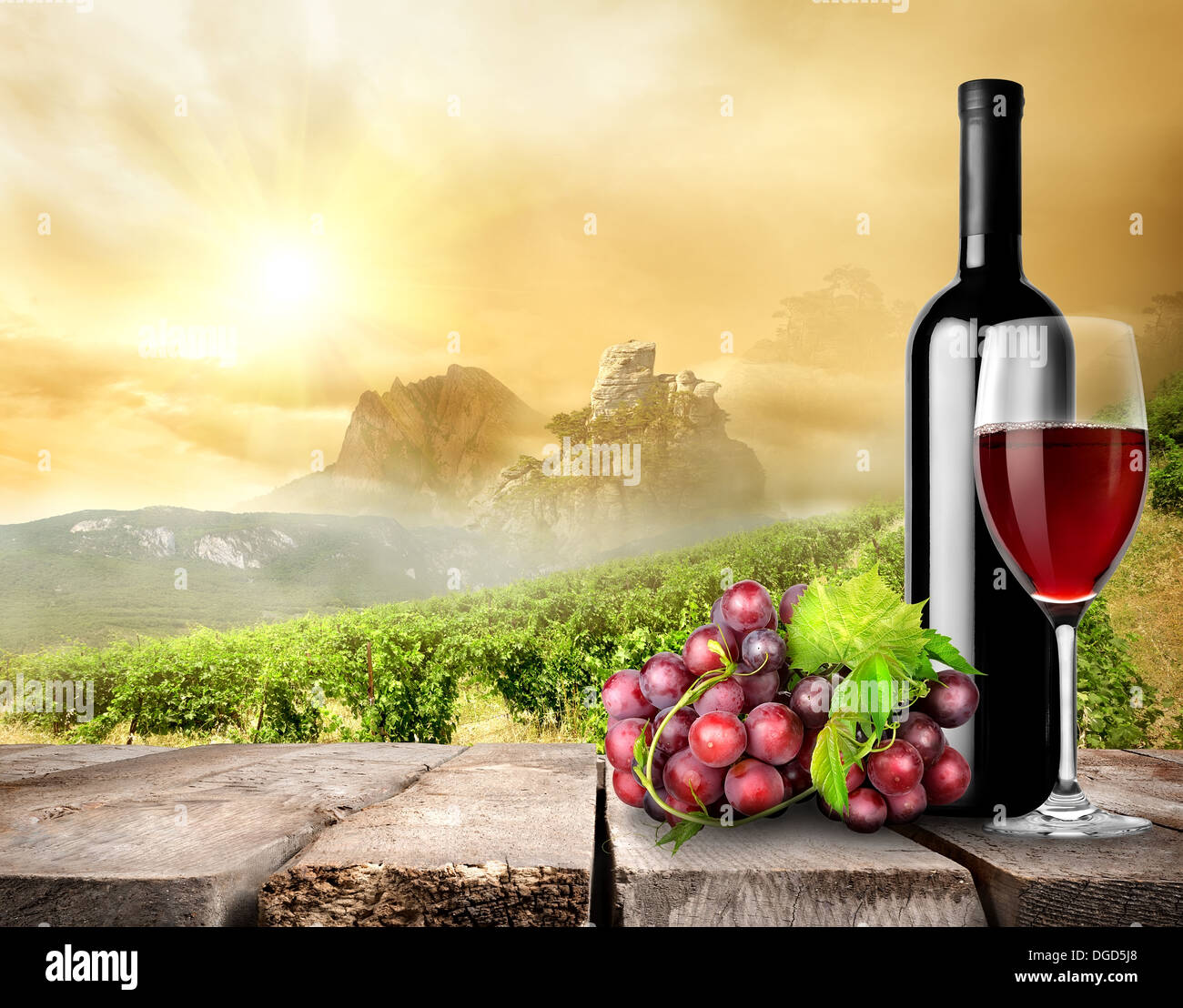 Vin rouge sur la table sur un fond de vigne Banque D'Images