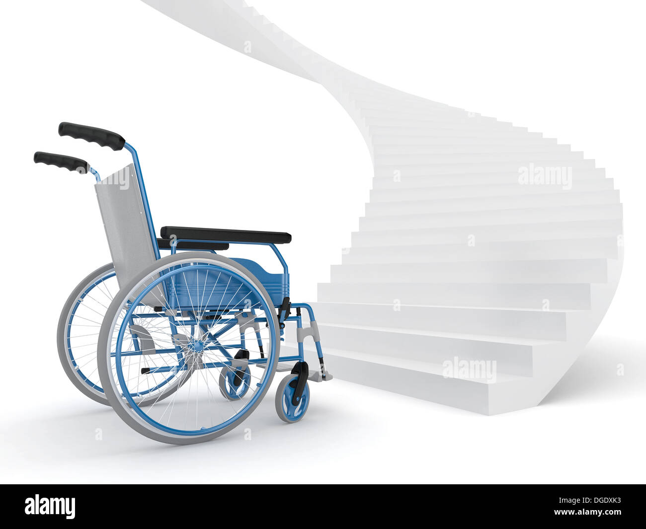 Fauteuil roulant et escaliers sur fond blanc. Décision difficile. 3d Banque D'Images