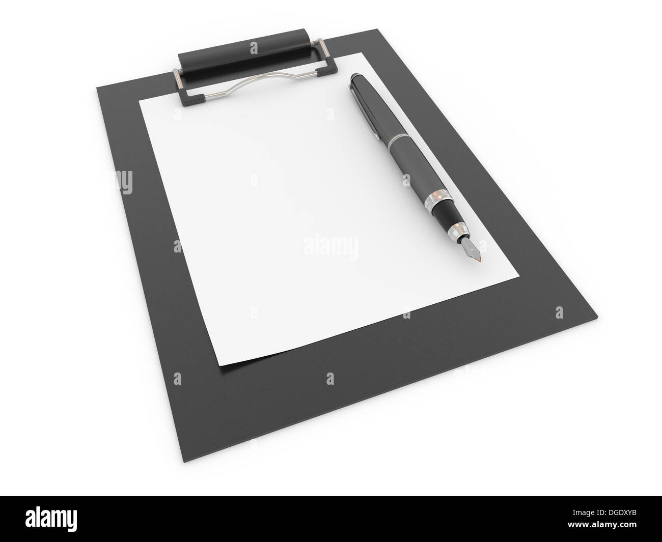 Plume sur le presse-papiers. Feuille de papier vide. 3d Banque D'Images