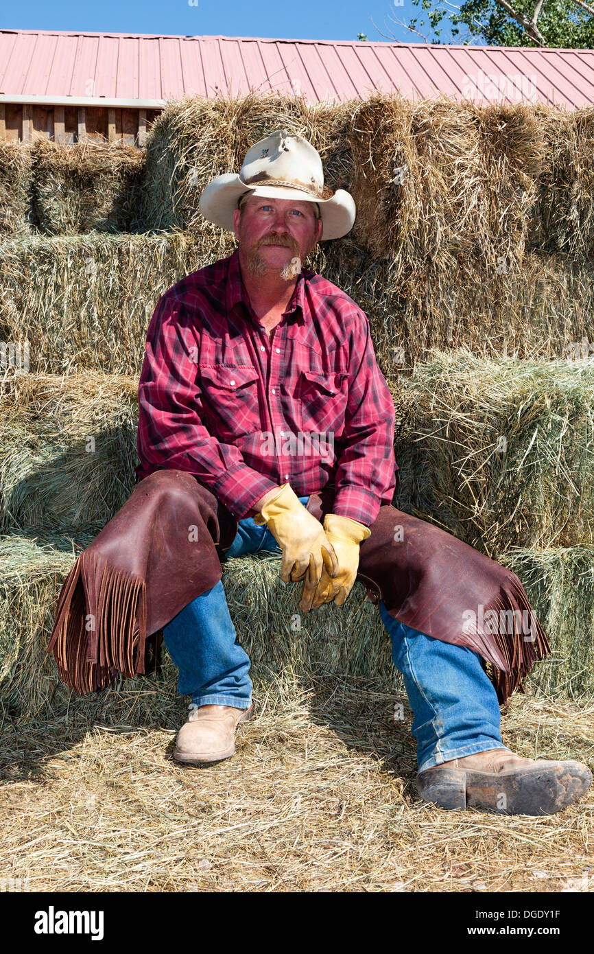 De Rimrock Cowboy rodeo assis sur des bottes de paille, Rimrock, Grand Junction, Colorado, USA Banque D'Images