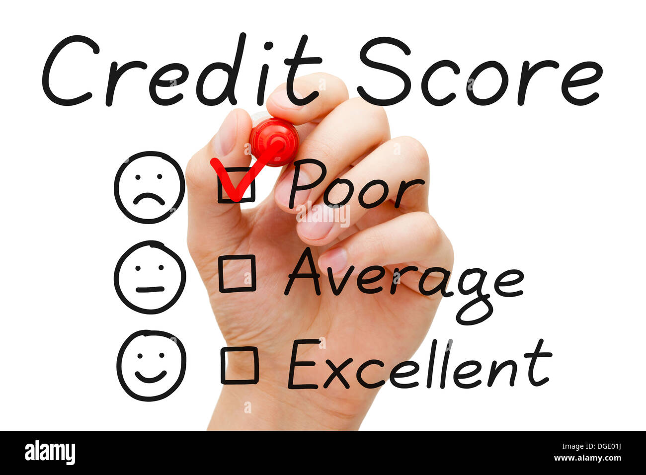 Mettre la main coche avec marqueur rouge sur la mauvaise cote de crédit formulaire d'évaluation. Banque D'Images
