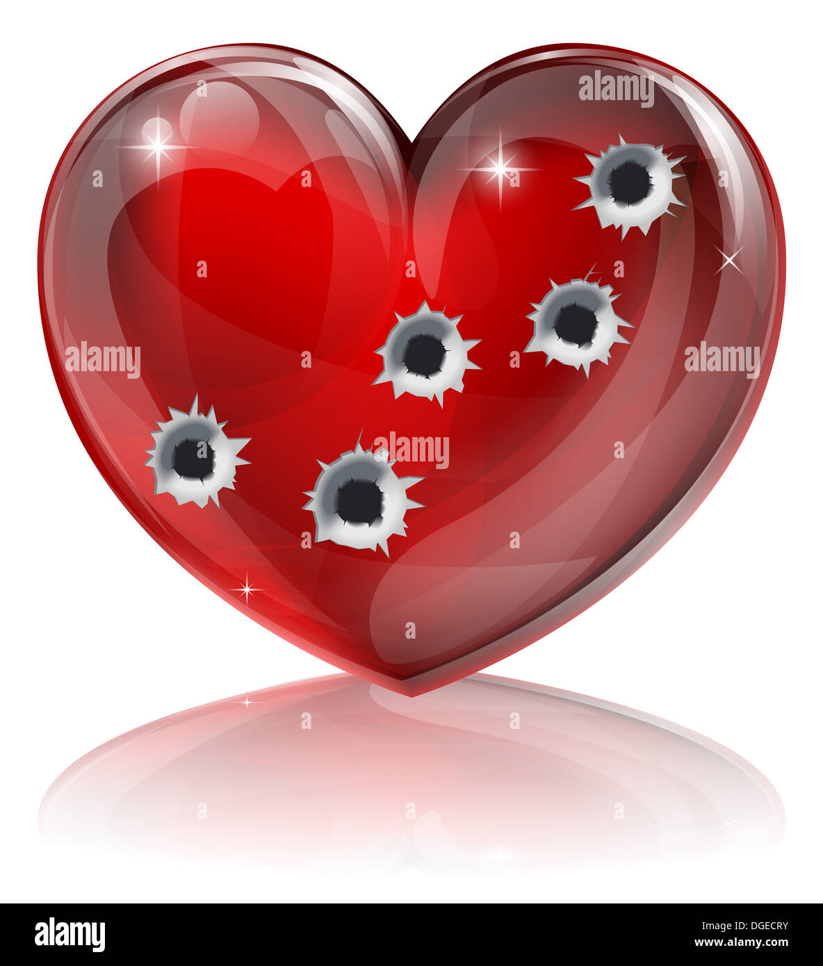 Trou de balle coeur concept d'une icône en forme de cœur avec des trous de balle. Cœur brisé ou d'autres l'amour ou de relations question concept. Banque D'Images