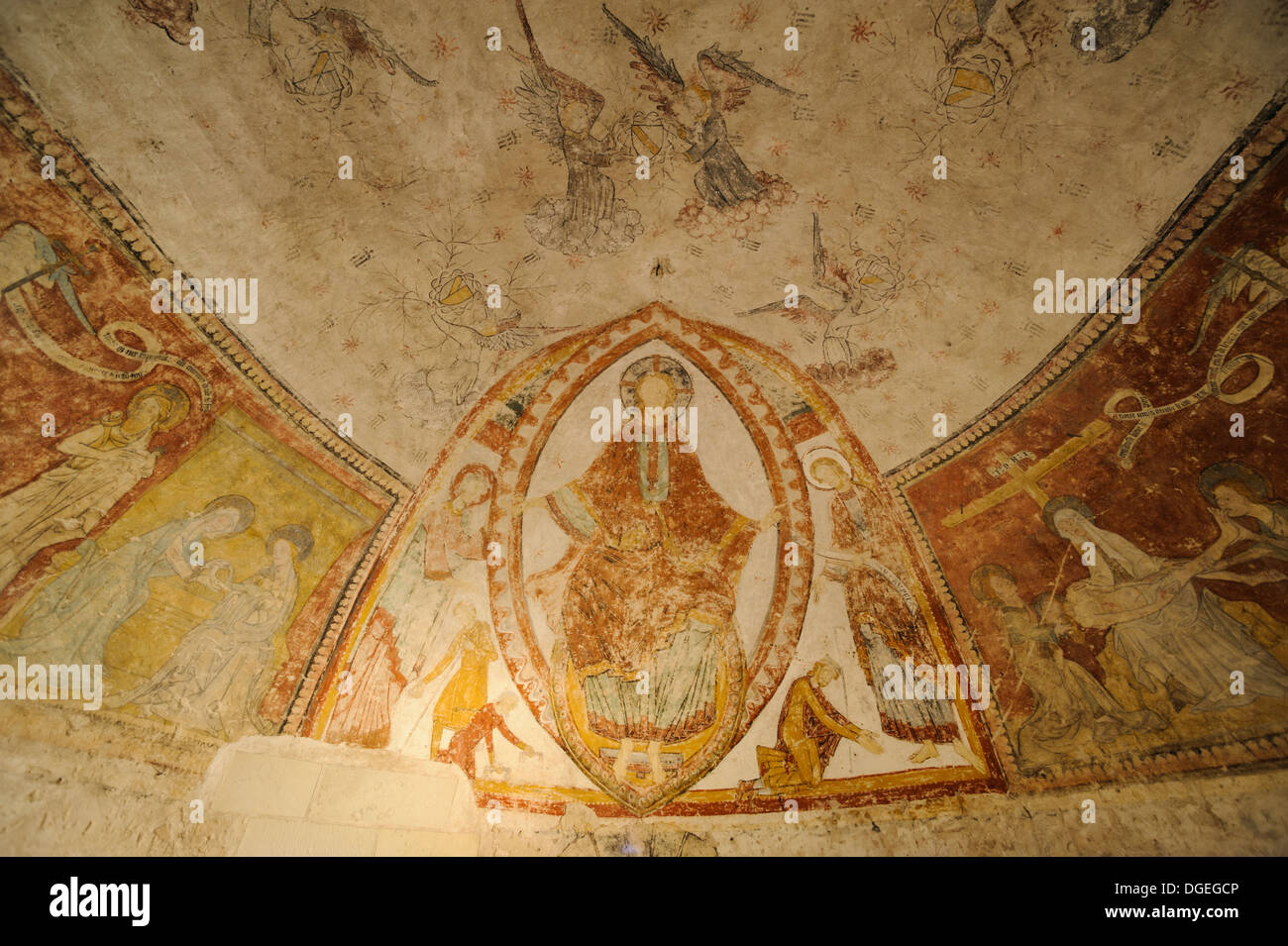 Fresque représentant la vie du Christ, crypte de la Collégiale Saint Aignan, Saint Aignan sur Cher, Loir et Cher, France Banque D'Images