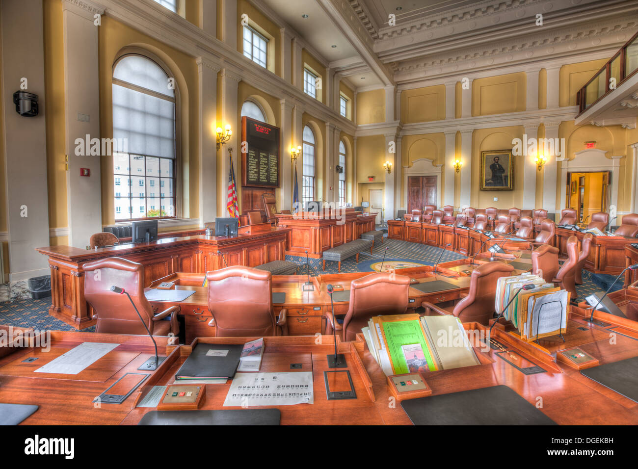 Une vue de l'intérieur de la Chambre du Sénat dans le Maine State House de Augusta, Maine. Banque D'Images