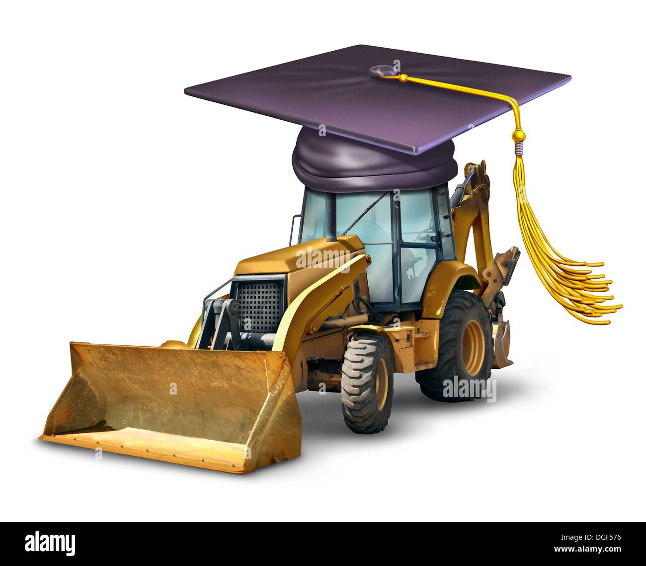L'École de la construction et des machines industrielles matériel formation avec un bulldozer portant une graduation cap ou mortier de sélection comme un symbole du développement professionnel dans la construction de structures architecturales. Banque D'Images