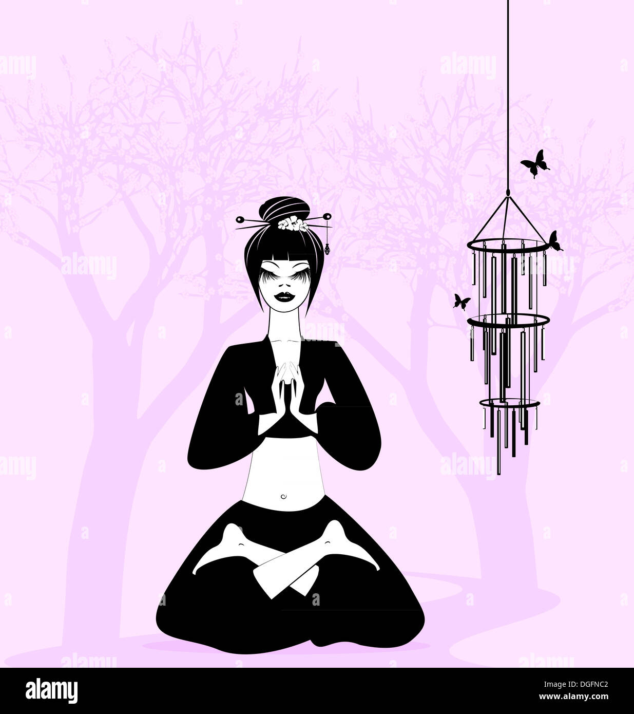 Girl in a yoga-vous détendre sur l'arrière-plan d'arbres en fleurs Banque D'Images