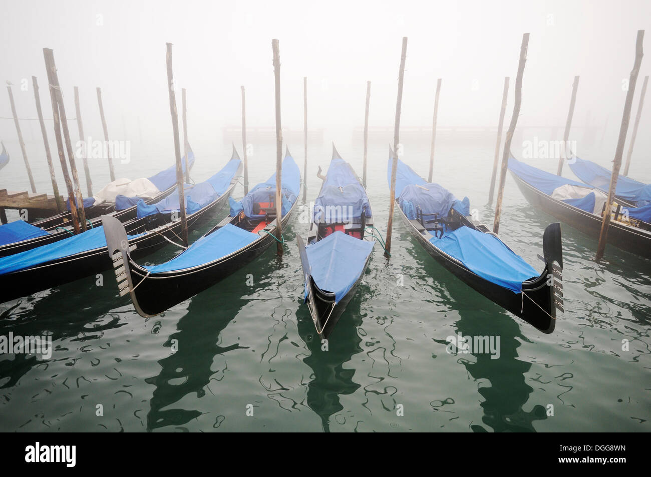 Gondoles dans le brouillard, Molo della Piazzetta, la Place Saint Marc, la Piazza San Marco, Venise, Venise, Vénétie, Italie, Europe Banque D'Images