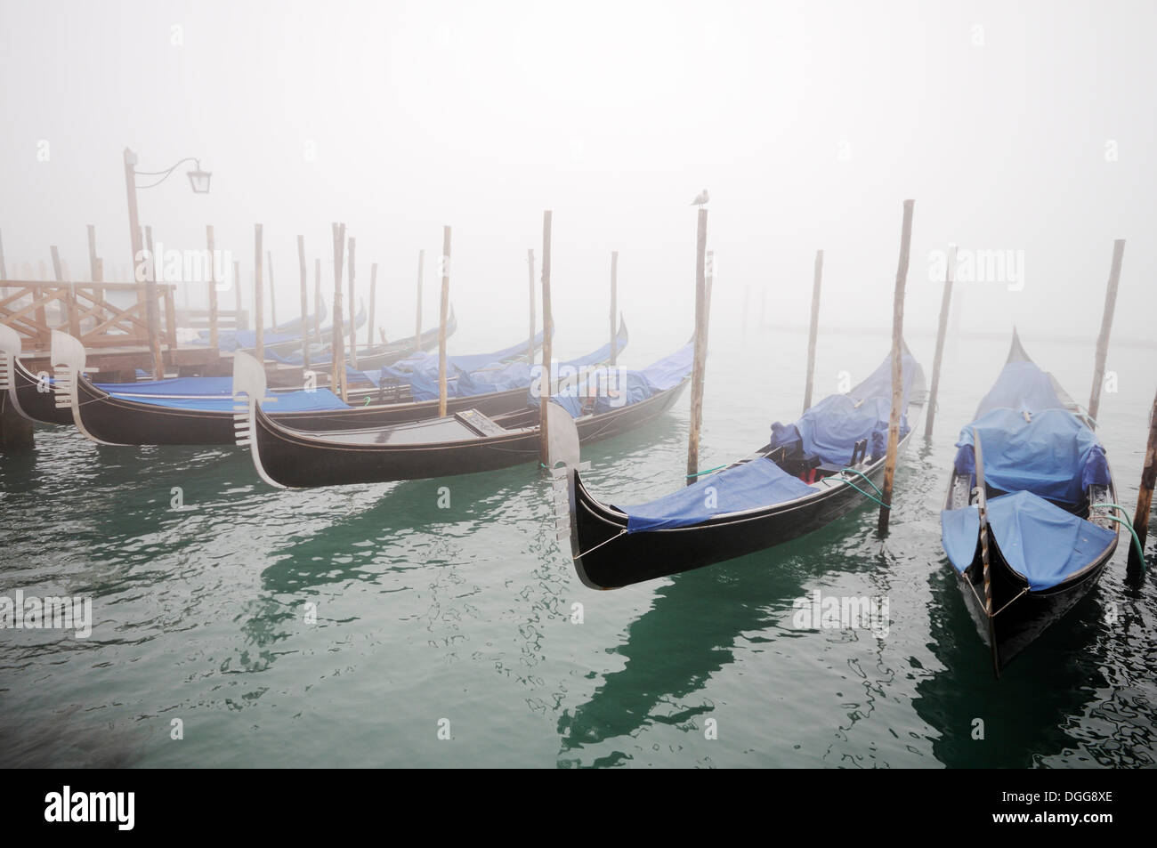Gondoles dans le brouillard, Molo della Piazzetta, la Place St Marc, la Piazza San Marco, Venise, Venise, Vénétie, Italie, Europe Banque D'Images