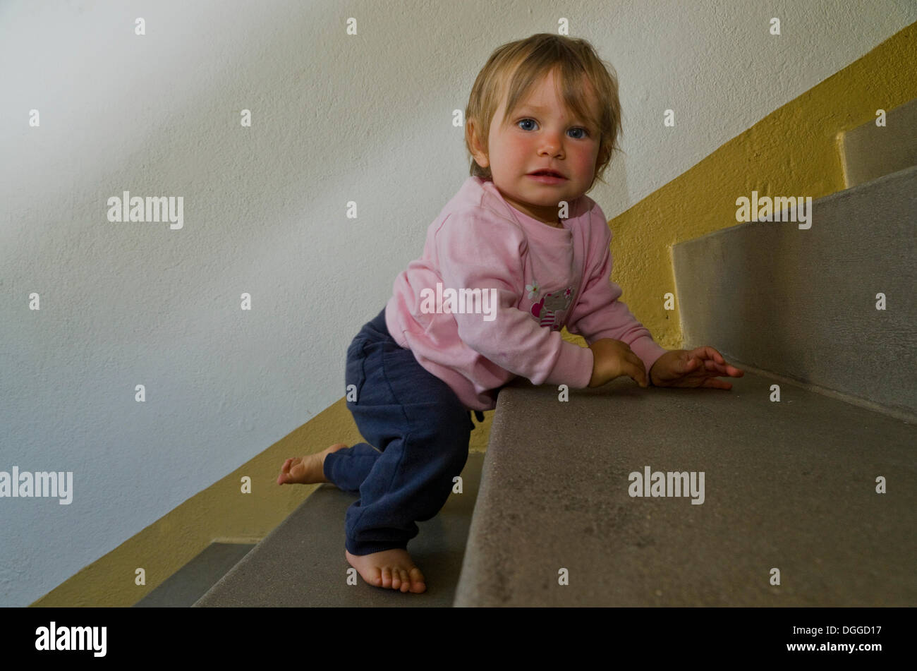 Fille, un an, ramper vers le haut un escalier, Dresde, Saxe Banque D'Images