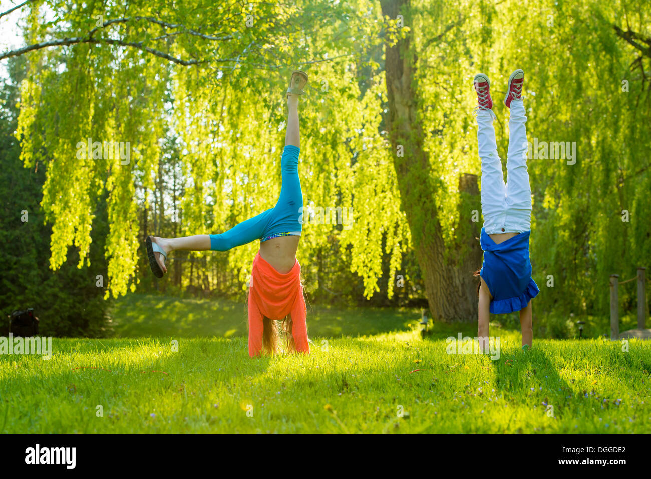 Deux filles faisant handstands in park Banque D'Images