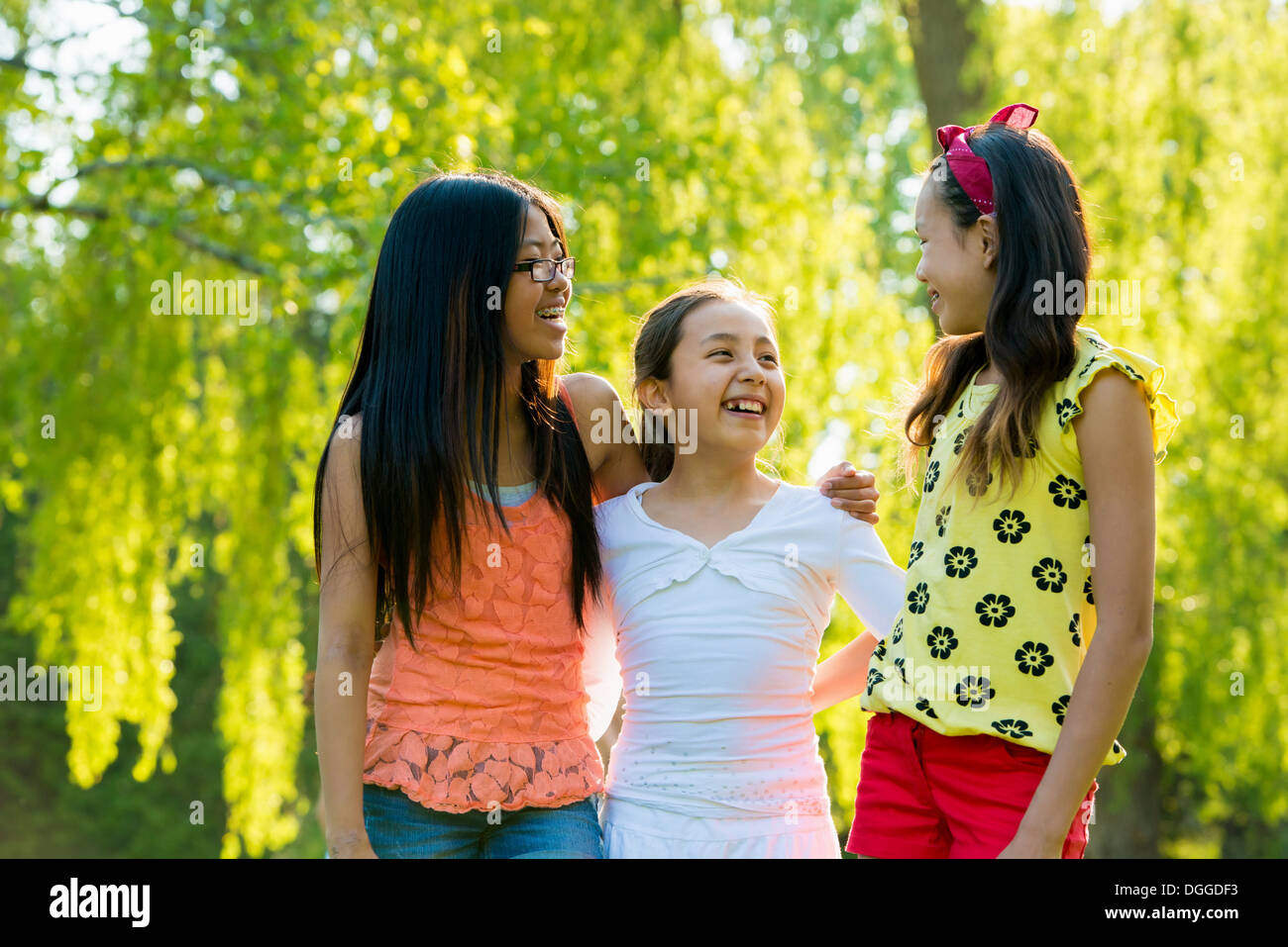 Trois jeunes filles dans le parc avec les bras autour de l'autre Banque D'Images