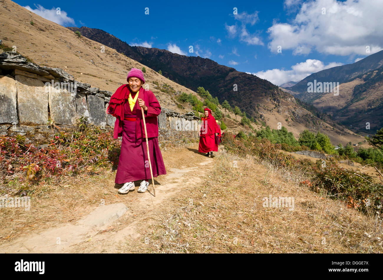 Moines et moniales portant des chiffons rouges marche sur un petit sentier le long d'une pente de montagne, Junbesi, district de Solukhumbu Banque D'Images